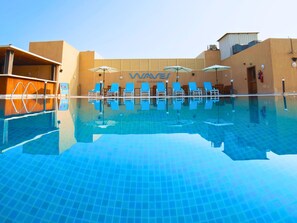 Outdoor pool, pool loungers -  Asma Hotel (Dubai)