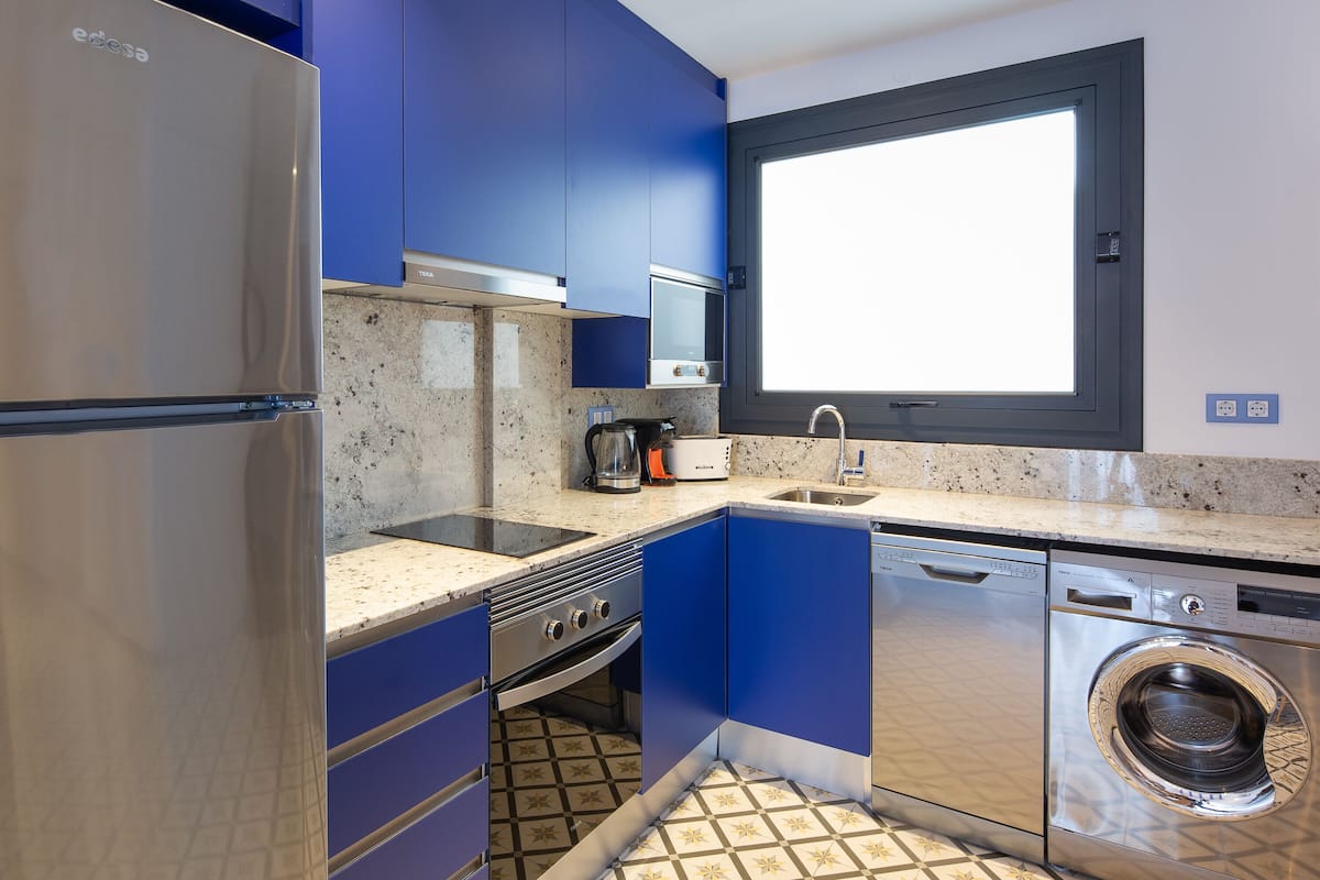 Apartamento Premium | Cocina privada | Frigorífico grande, microondas, horno y placa de cocina