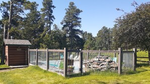 A pool area with a wooden fence, a small building labeled 'RESERVATION', and a stone wall.
