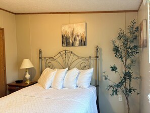 A bedroom with a metal-framed bed, white bedding, a bedside lamp, a wall-mounted painting, and a wall-mounted plant. - Stay In Ohiopyle next to the GAP Trail (Ohiopyle)