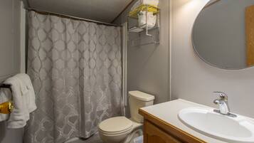 Combined shower/tub, hair dryer, towels, soap