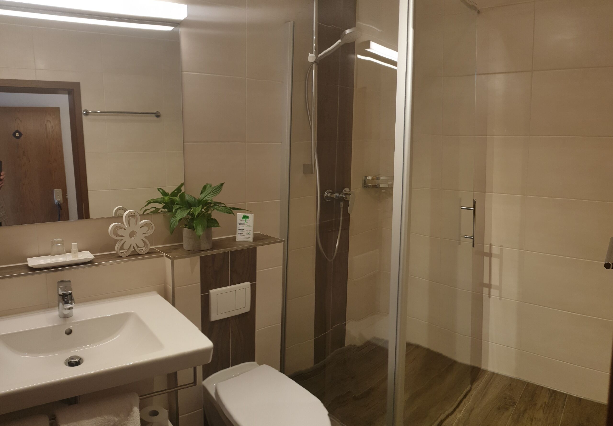 A bathroom with a sink, toilet, and shower.