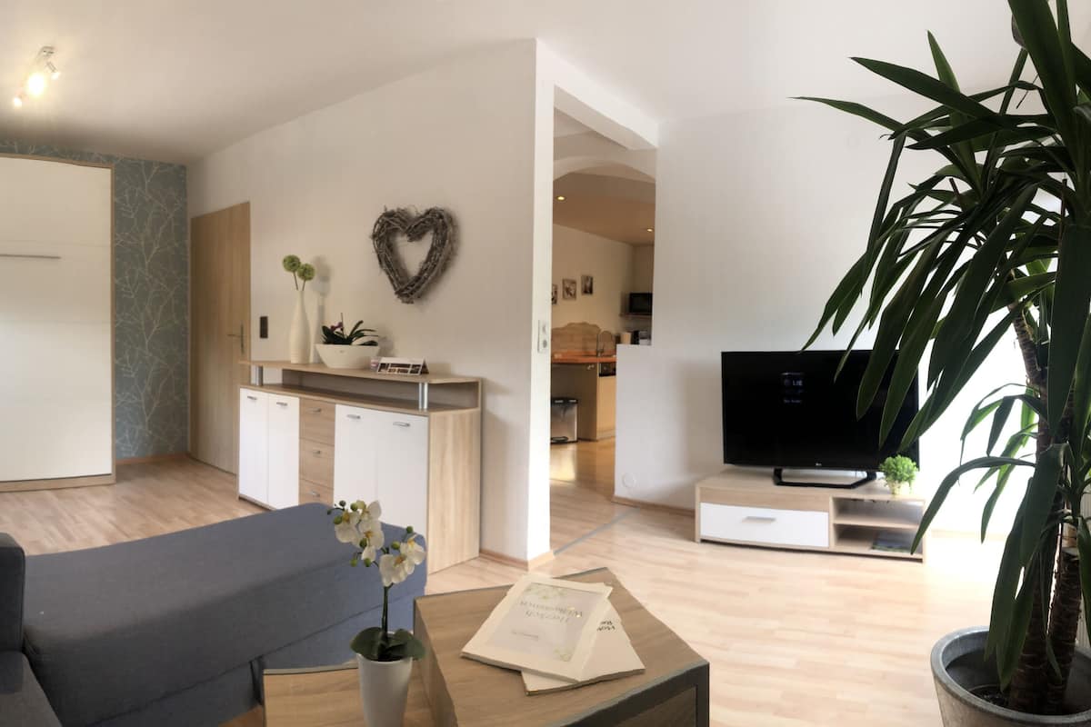 Una sala moderna con un sofá, una mesa de centro y una planta en maceta. Hay una decoración con forma de corazón en la pared y un televisor sobre un mueble.