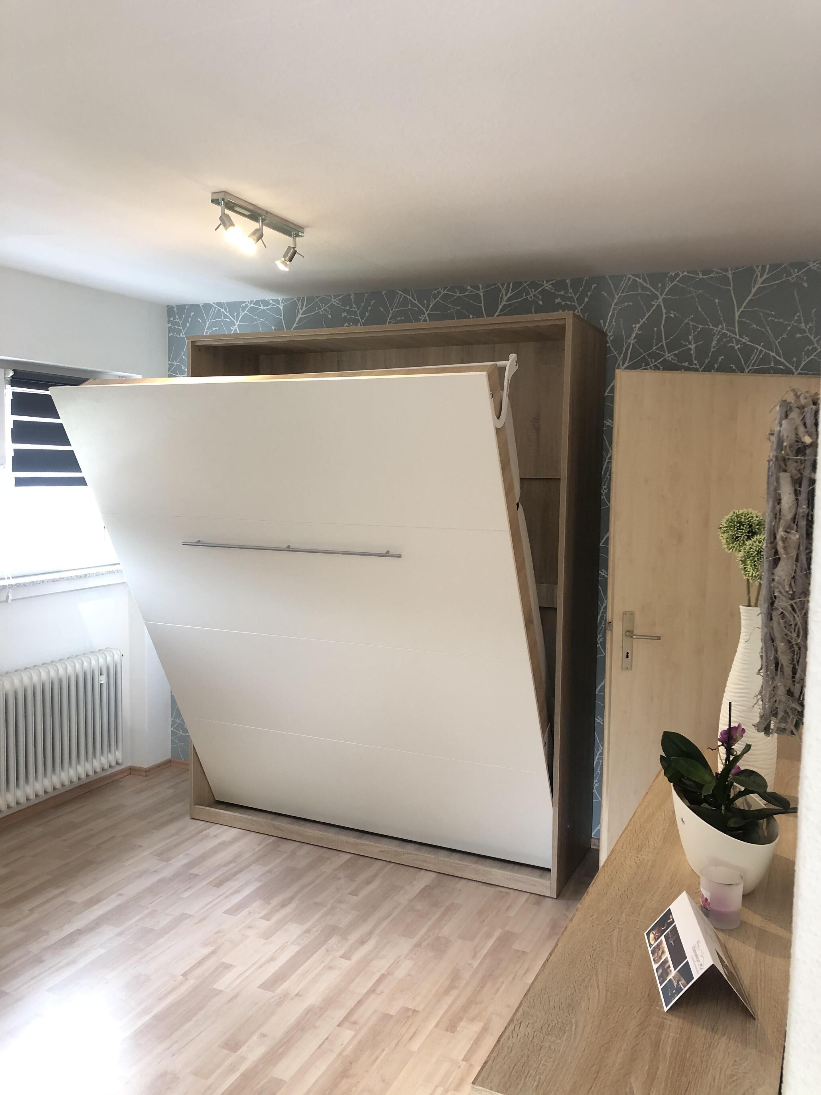 A modern room with a sliding door refrigerator, a radiator, a wooden floor, and a potted plant.