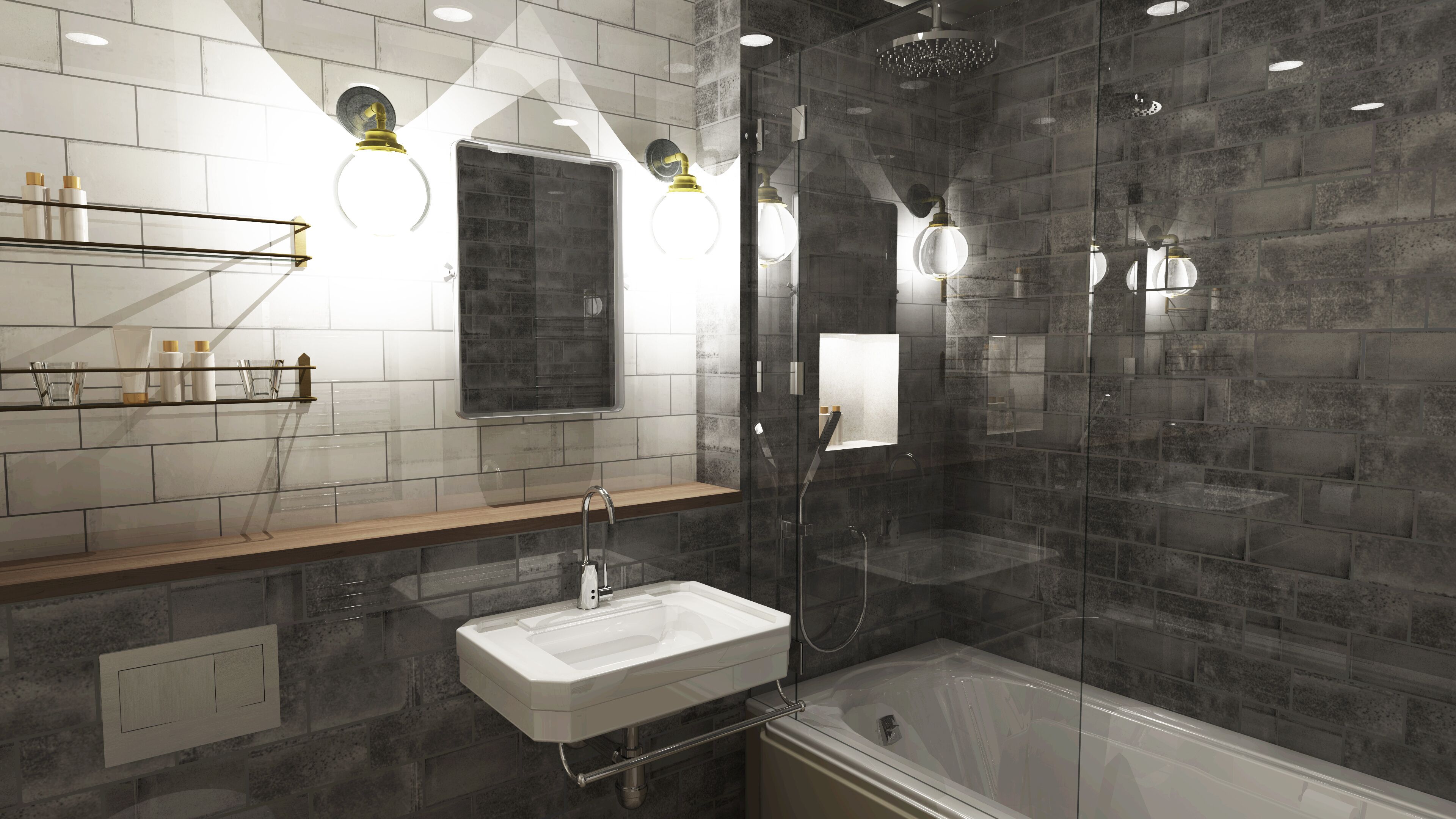 A modern bathroom with a glass-enclosed shower, a white sink, and a wooden vanity.