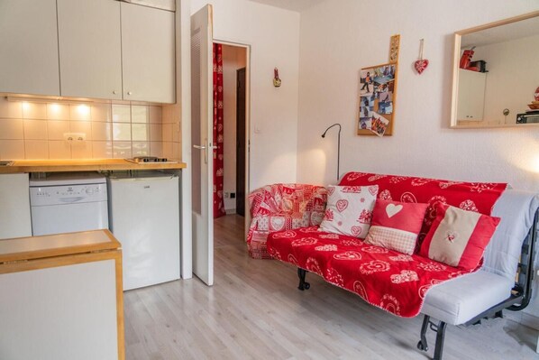 Ein kompakter Wohnraum mit Küchenzeile, einem rot gemusterten Sofa und einem Spiegel an der Wand.
