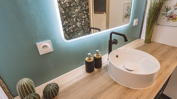 Une salle de bain avec un lavabo rond, un robinet noir et un miroir orné d’un motif floral. On peut voir deux petits flacons sur le comptoir et un cactus posé sur le sol.