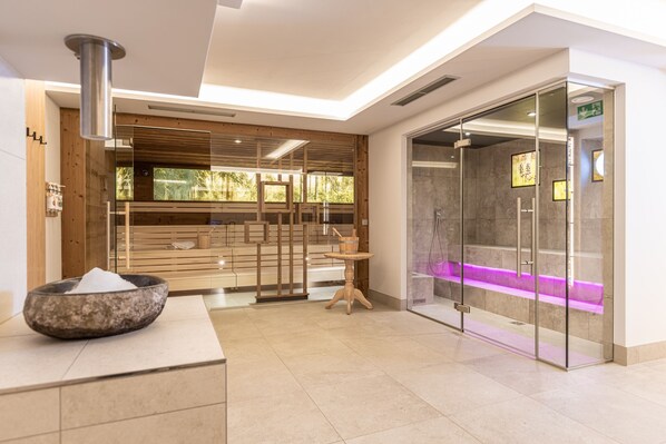 Sauna, steam room, body treatments, deep-tissue massages
