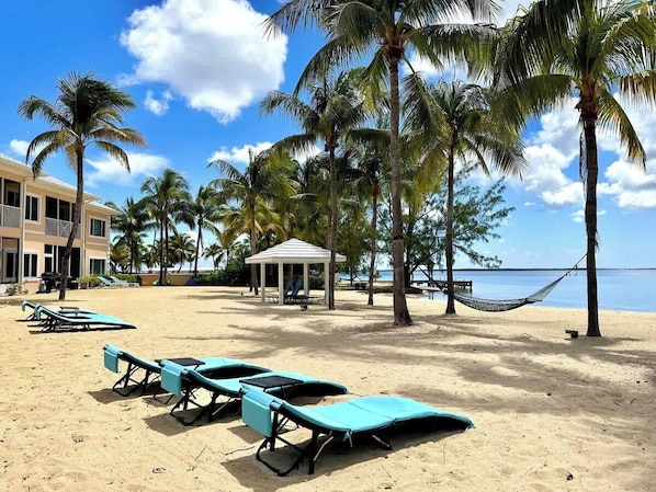 Une plage avec des chaises longues, un kiosque et des palmiers.