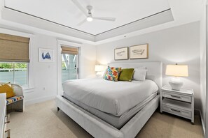 A bedroom with a bed, bedside tables, a ceiling fan, and a window with blinds. - Gulf and Pool Views with Beach Access (Santa Rosa Beach)