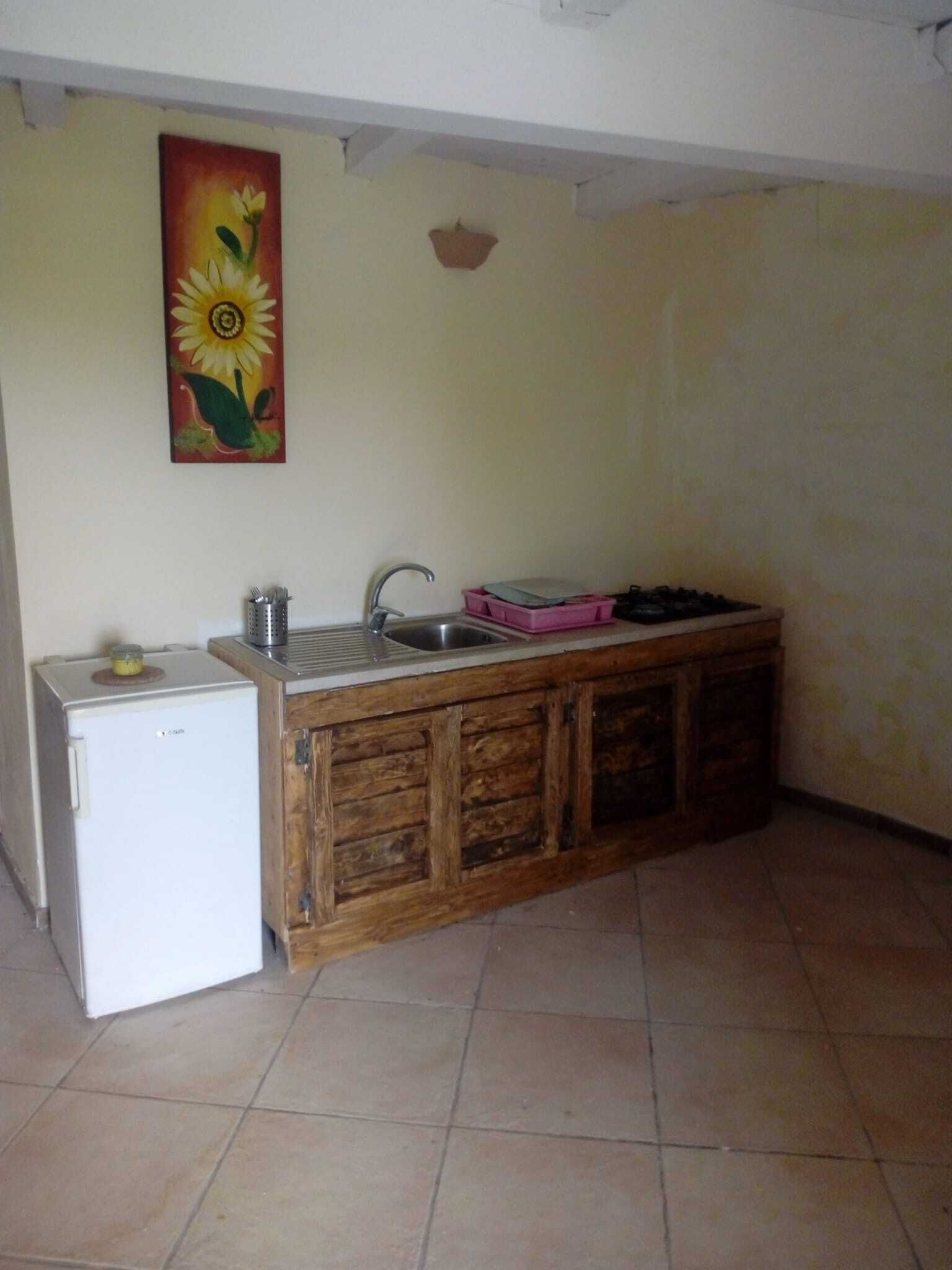 Fridge, stovetop, cookware/dishes/utensils