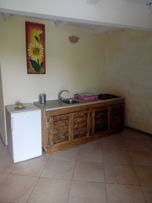 Fridge, stovetop, cookware/dishes/utensils