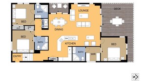 A floor plan of an apartment with a living room, dining area, kitchen, two bedrooms, a bathroom, a balcony, and an entryway. - Wharf Apartment Unit 11 (NAROOMA)