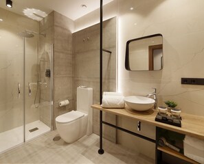 Standaard vierpersoonskamer, 2 slaapkamers | Badkamer | Een douche, een regendouche, een haardroger, handdoeken