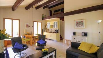 Televisie, een open haard en boeken