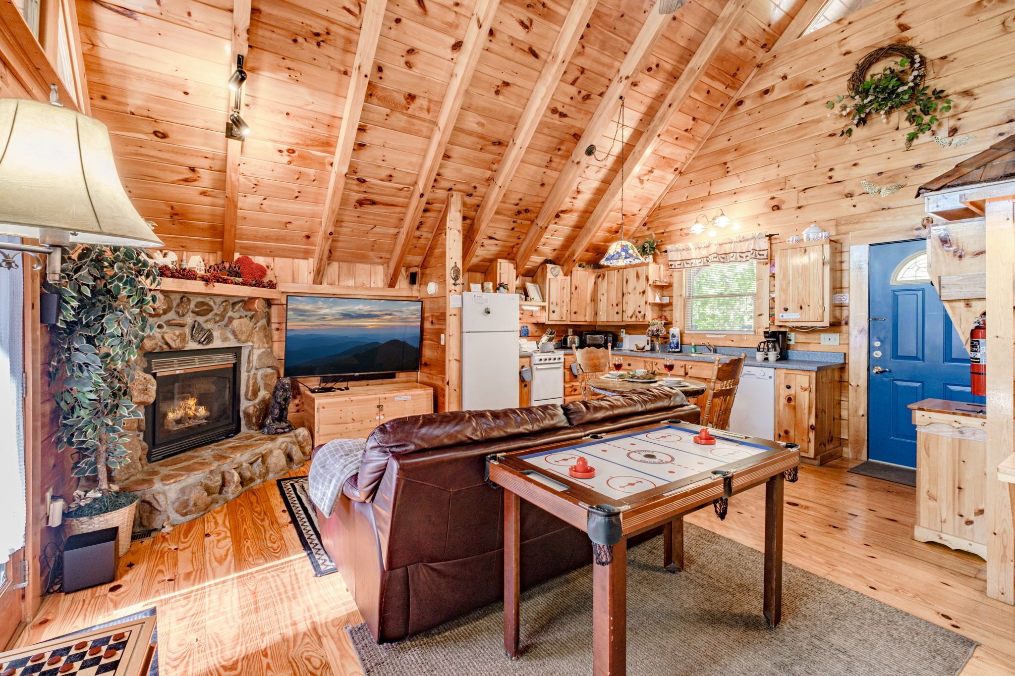 Smart TV, fireplace, video games, DVD player