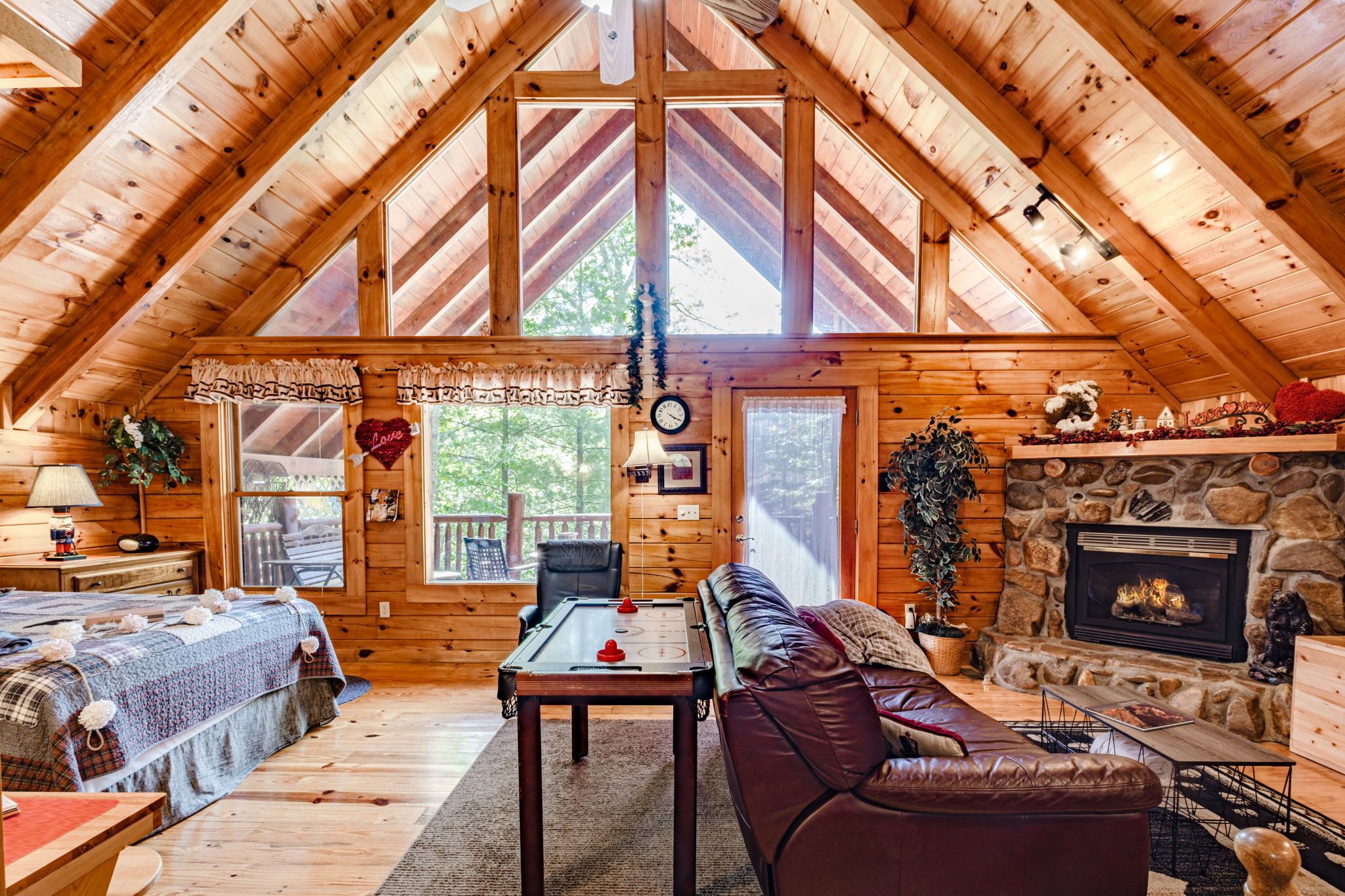 Smart TV, fireplace, video games, DVD player