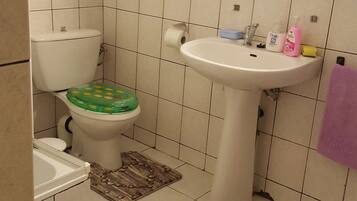 Banheira, toalhas de banho, sabonete, papel higiênico