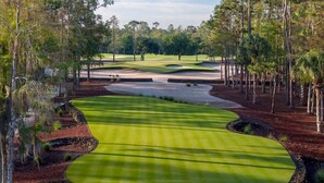 A golf course with well-maintained fairways, sand bunkers, and a water hazard. - Naples Beach house with heated Pool & Spa (Naples)