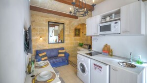 Cocina pequeña con lavadora, microondas y lavaplatos. Se ve un sofá azul y una pared de piedra al fondo.