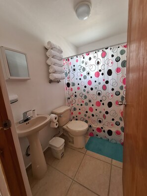Douche, serviettes fournies, savon