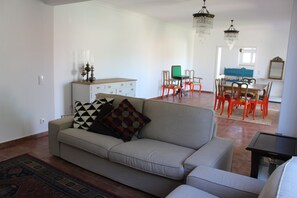 TV, fireplace, books, stereo