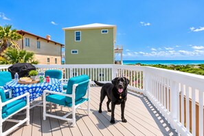 Eine Terrasse mit Tisch, Stühlen, einem Hund und Blick auf den Ozean.