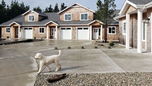 Een twee verdiepingen tellend huis met een oprit en een hond die in de voorgrond loopt.