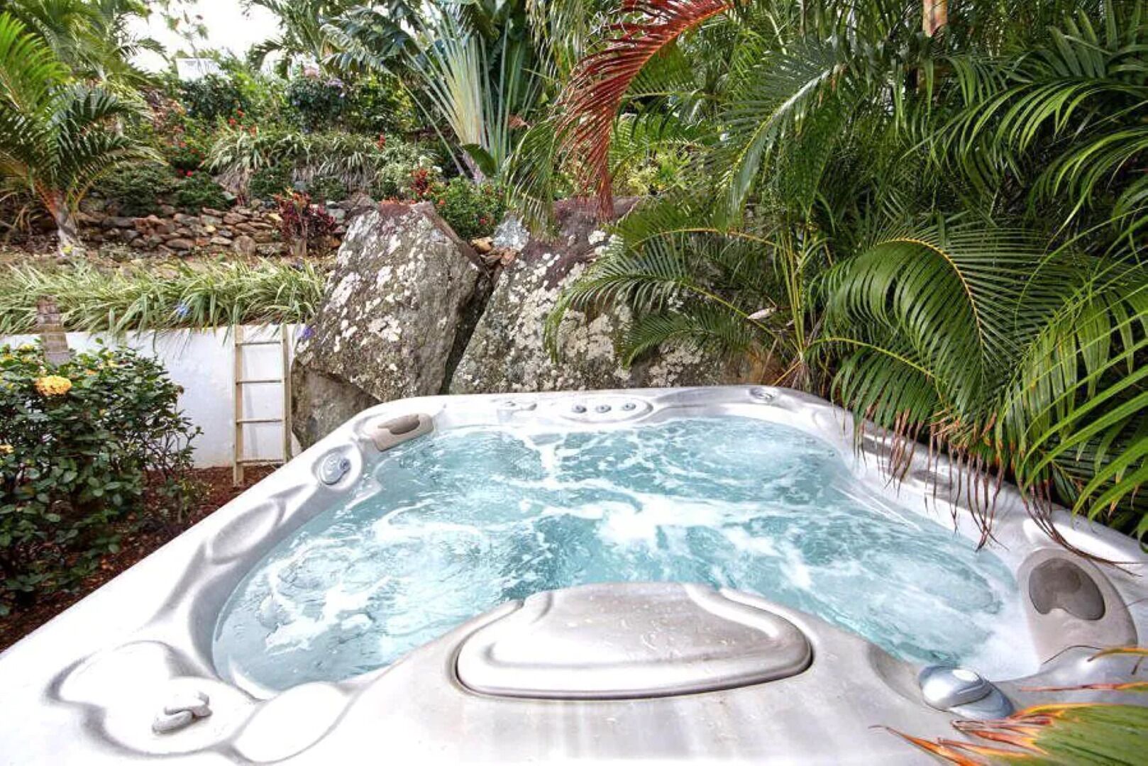 A hot tub surrounded by lush greenery and rocks.