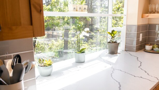 Cocina con encimera de mármol blanco, plantas en macetas y ventana con vista a follaje.