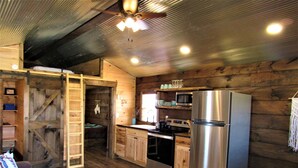 A rustic cabin interior with a wooden interior, a kitchenette with modern appliances, a leather couch, and a ladder leading to a loft bedroom. - Tiny Home at Kentucky Lake's Lynnhurst Family Resort (Murray)