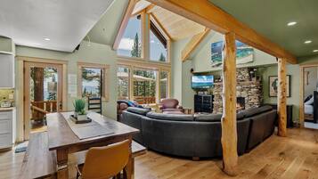 Smart TV, fireplace, DVD player, foosball