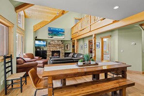 Smart TV, fireplace, DVD player, foosball