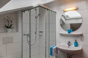 Shower, hair dryer, towels