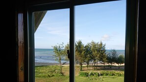 Una ventana con vistas a un área verde, árboles y una playa.