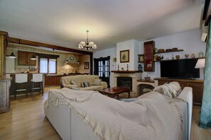 Uma sala de estar com sofá, televisão e lareira.
