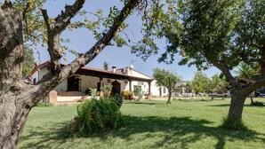 A house with a tiled roof, surrounded by a well-maintained lawn and trees.