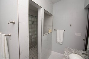 Shower, hair dryer, shampoo