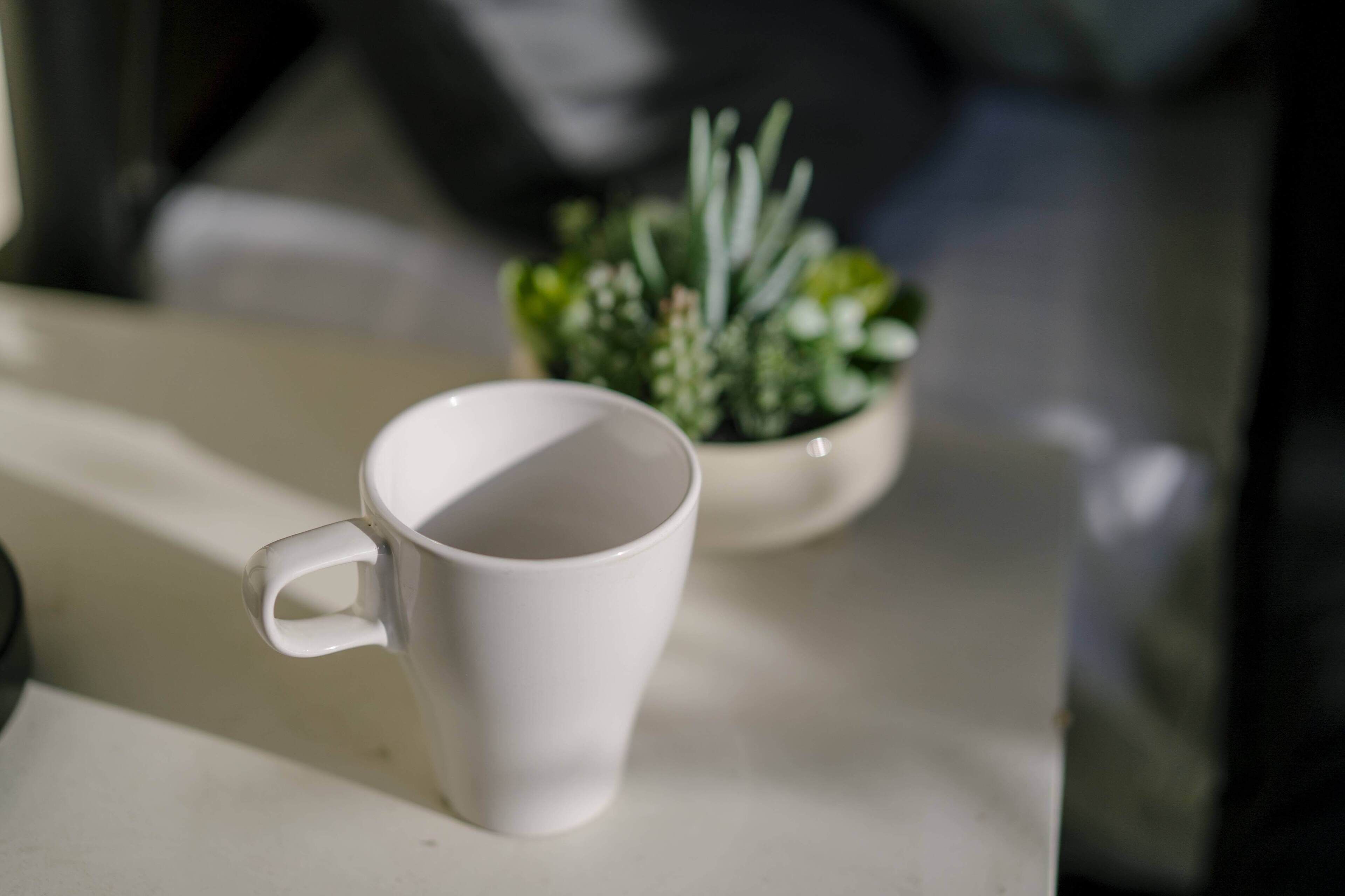 A white mug on a table with a small potted plant in the background.