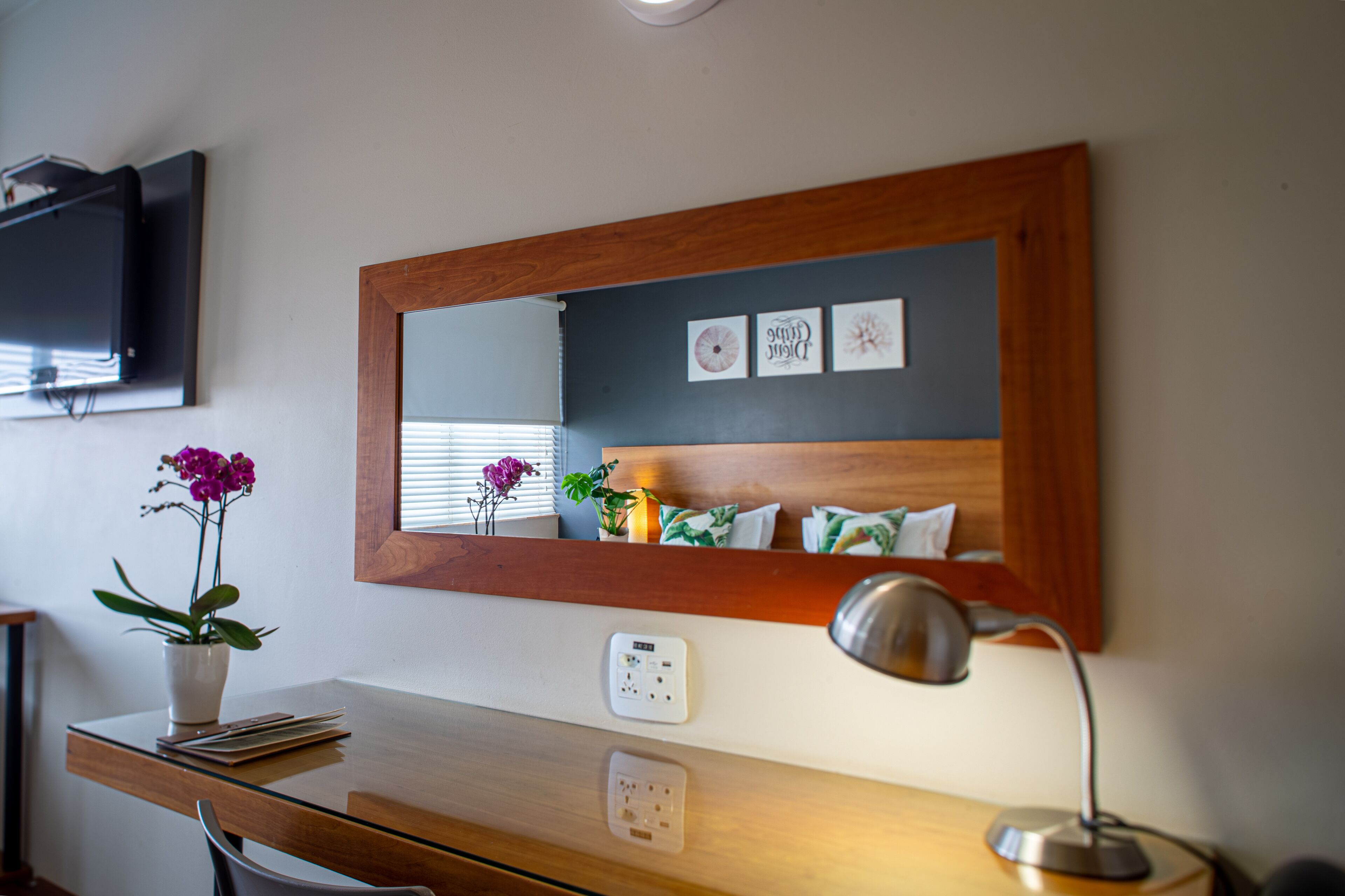 Una habitación de hotel con un escritorio de madera, un espejo, un televisor montado en la pared y una orquídea en maceta.
