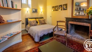 A cozy room with a bed, a chair, a fireplace, and shelves with books. - Historic Centre Apartment Near Château and Cathedral (Angers)