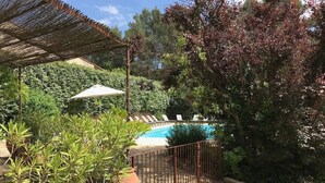 Área de piscina com um terraço de pedra, um portão de metal e plantas em vasos.