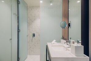 Shower, rainfall showerhead, eco-friendly toiletries, hair dryer
