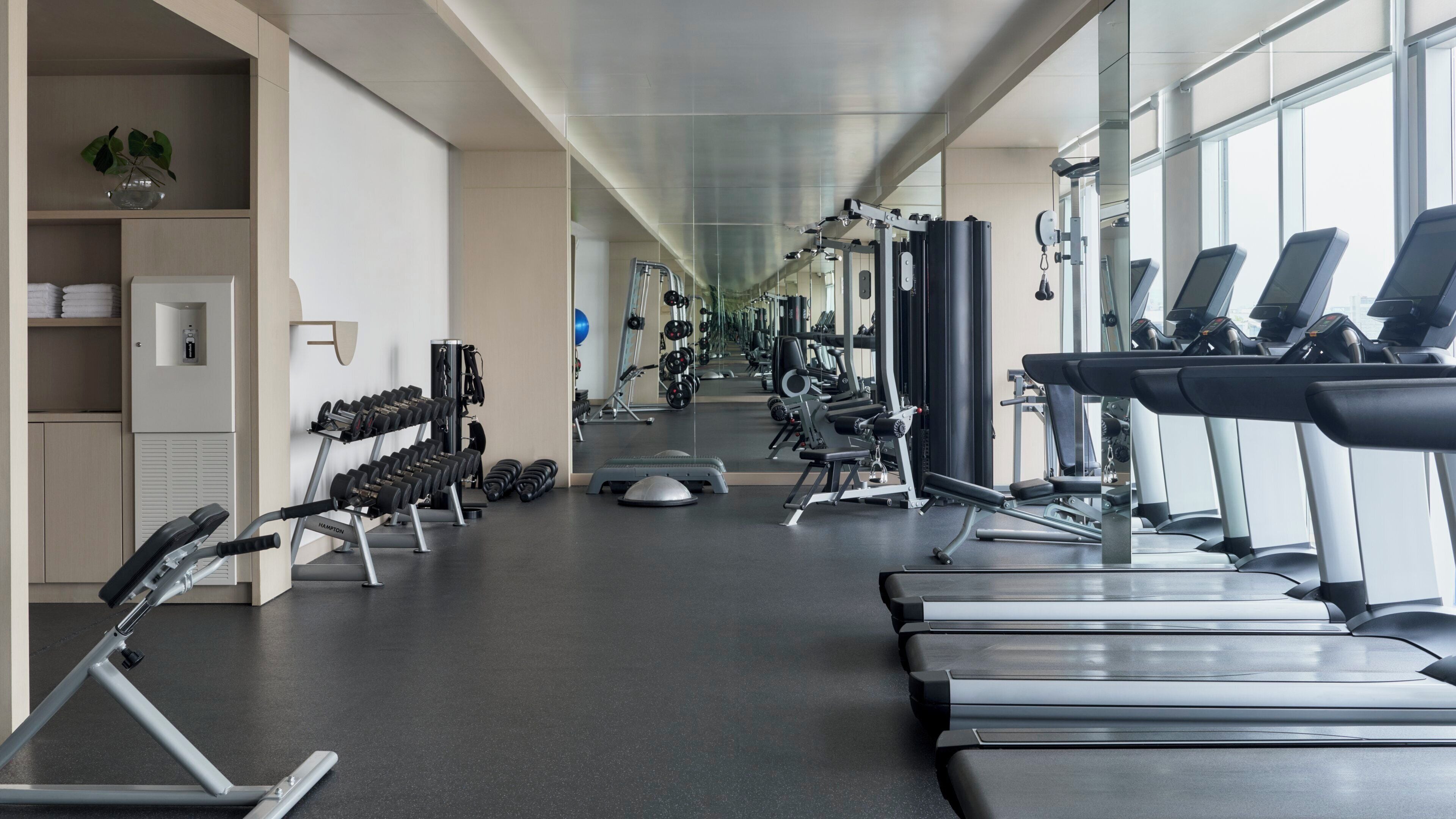 Un gimnasio con cintas de correr, máquinas de pesas y mancuernas.
