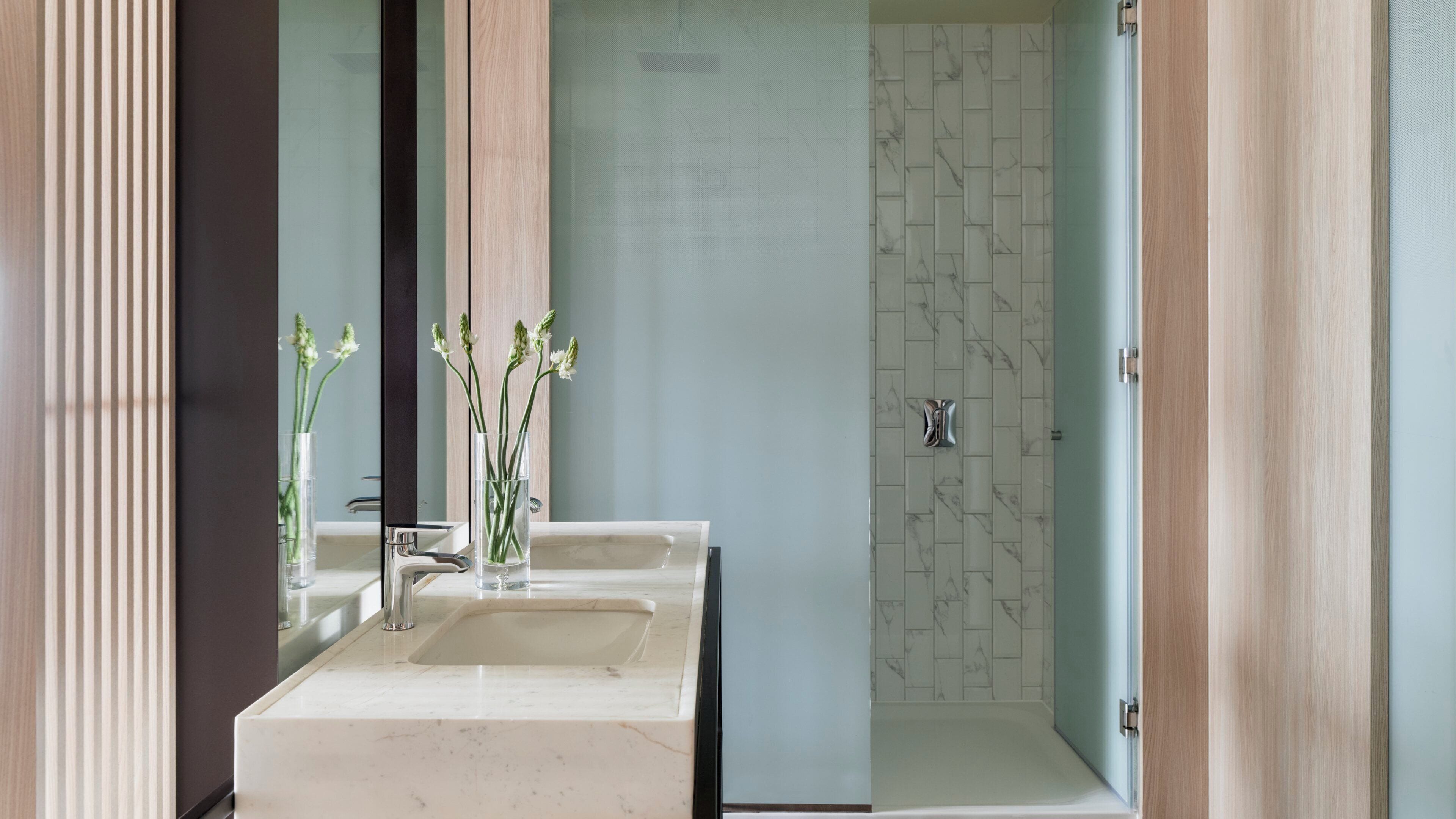 A bathroom with a mirror, two sinks, and a shower area.
