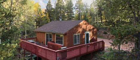 A cabin with a deck, surrounded by trees.
