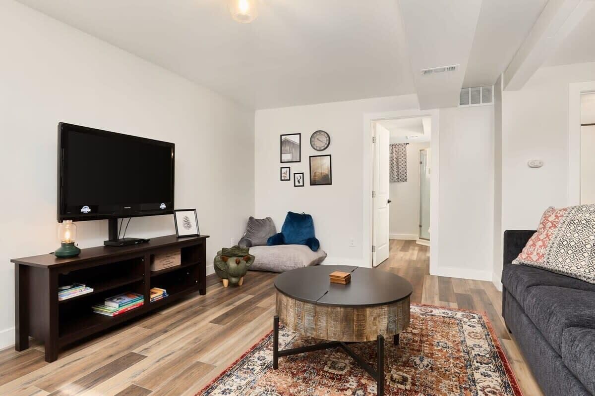 TV, fireplace, DVD player, foosball