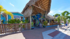 A tiki bar with a thatched roof, surrounded by palm trees and a blue building with a sign that reads "EXPRESS BOTZE". - Siesta Key Village -Suite #2: A Block to the Beach, In the HEART of the Village! (Sarasota)