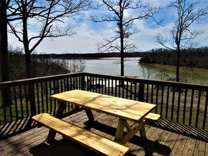Una terraza de madera con mesas de picnic dando a un lago.