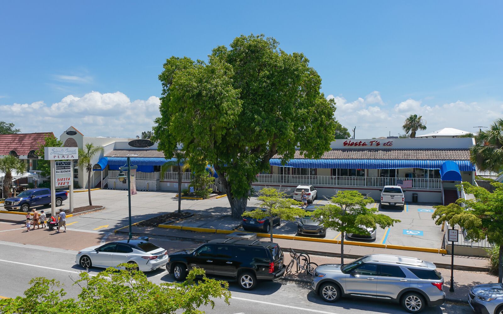 A parking lot with several cars, a large tree, and a building with a blue awning.